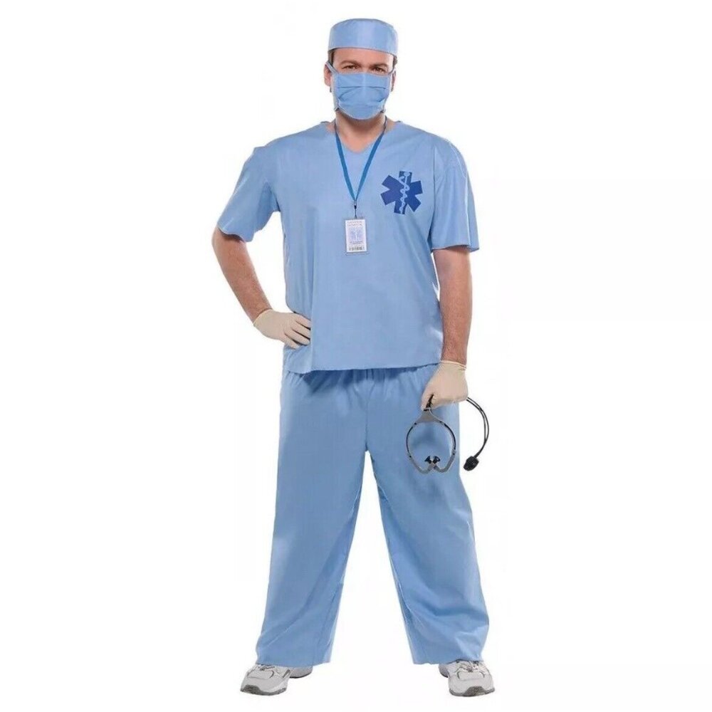 Doctor MD ~ Men's Scrubs Halloween Costume Blue Plus 2XL (48-52) 5 PCS New